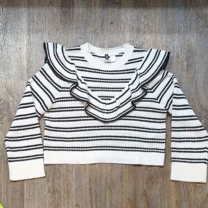 Divided Black and White Striped Ruffle Sweater